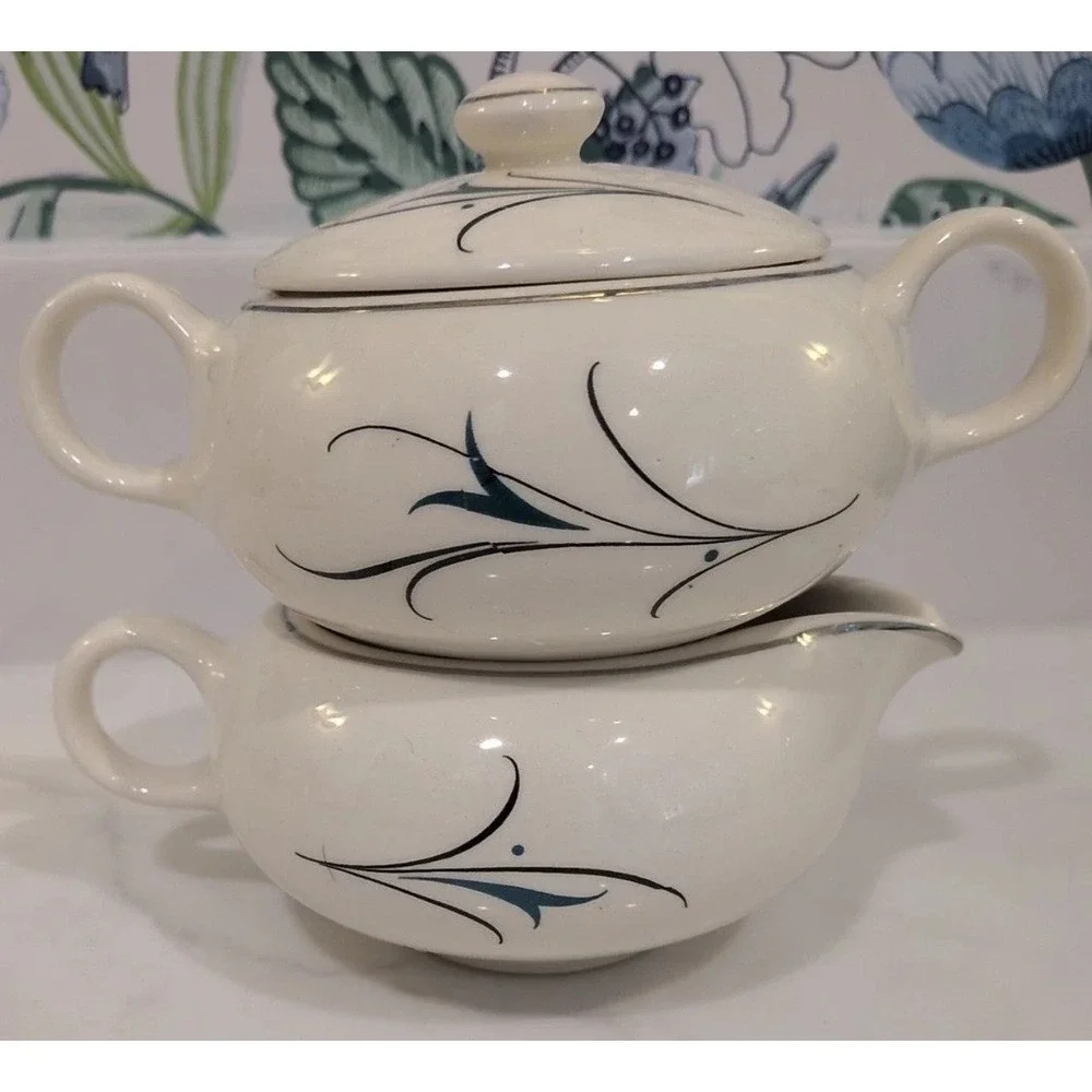 Salem Simplicity Turquoise Mid Century Modern Cream & Sugar Set Ovenproof 61U - Picture 3 of 13